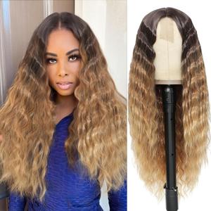 CLIONE Ombre Synthetic Curly Wig 28" Long Deep Wave Lace Front Wigs for Women Honey Blonde Curly Lace Wig 4" Fake Scalp Natural Crimps Curls, RT4/3027#
