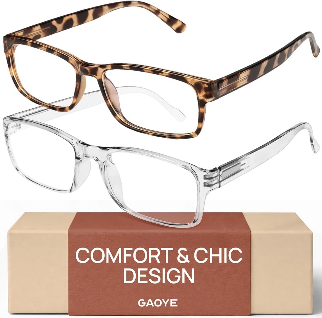 Gaoye +2.25 2-Pack of Reading Glasses - Blue-Light Filter, UV Protection - Readers with Rectangle Frames (Bright Leopard + Clear)