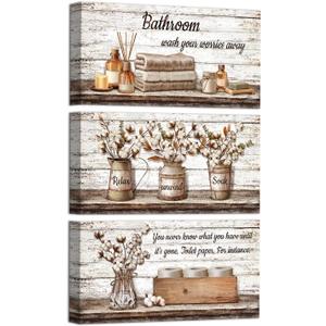 HOMEOART Farmhouse Bathroom Wall Decor - Framed Canvas Art, 6x12inch, 3 Pieces (Brown)