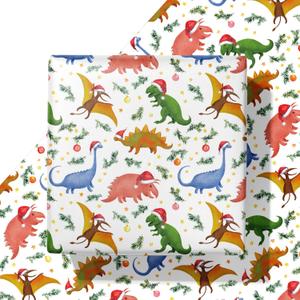WAPLIGHAL Christmas Dinosaur Wrapping Paper - Colorful Dino Gift Wrap with Santa Hats, Holly, and Snowflakes on a White Background - 28 x 40 Inches - Perfect for Kids, Adults, and Holiday Fun