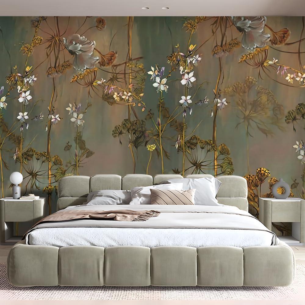 Giant Gold Flowers Wallpaper 3D Vintage Green Tree Branches Shinny Floral Wall Paper DIY Self Adhesive Nature Plants Wall Murals for Bedroom Living Room TV Sofa Background Home Decoration 151"x105"