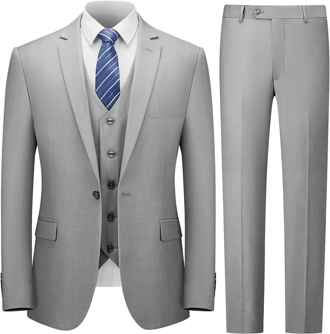 Cooper & Nelson Men's Suit Slim Fit, 3 Piece Suits for Men, One Button Solid Jacket Vest Pants with Tie, Tuxedo Set (Large, Light Grey)