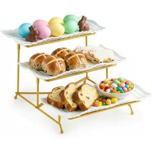 LAUCHUH 3 Tier Trays Stand, Porcelain Serving Trays Collapsible Sturdier Stand Serving Platters Dessert Table Display Set for Indoor Party, Entertaining, Easter, Gold, 12.2 Inch