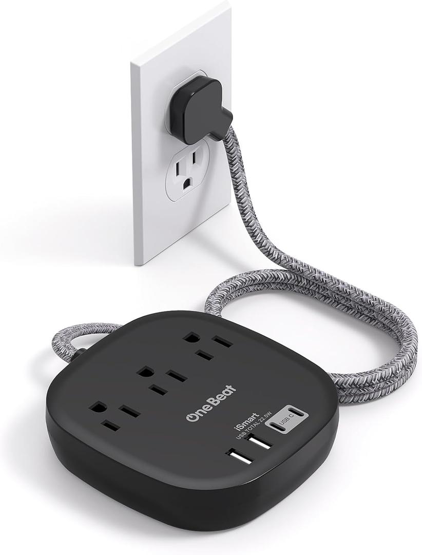 Flat Plug Power Strip, One Beat 5Ft Flat Extension Cord, 3 Outlets 4 USB Ports (2 USB C) 22.5W/4.5A Desktop Charging Station Power Strip No Surge Protection, Cruise Ship Dorm Room Travel Essentials-BK