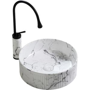 Modern Round Bathroom Vessel Sink Bowl with Pull-out Faucet, 14.5 Inch Ceramic Countertop Vanity Sink Farmhouse Style Porcelain Above Counter Art Basin, Marble-effect Pattern