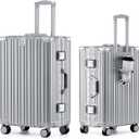 HotWay 24 Inch Aluminum Frame Luggage with Spinner Wheels, PC Hard Shell Suitcase with Cup Holder, Zipperless Luggage for Business Travel, Silver