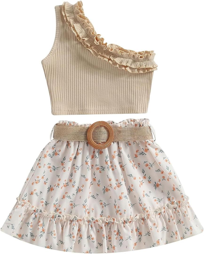 BOEBNOZCV Toddler Baby Girls Outfits Ruffle Off Shoulder Crop Tops + Floral Tulle Shorts Skirt Set Kids Summer Clothes (Beige Floral Skirts,8-9 Years)