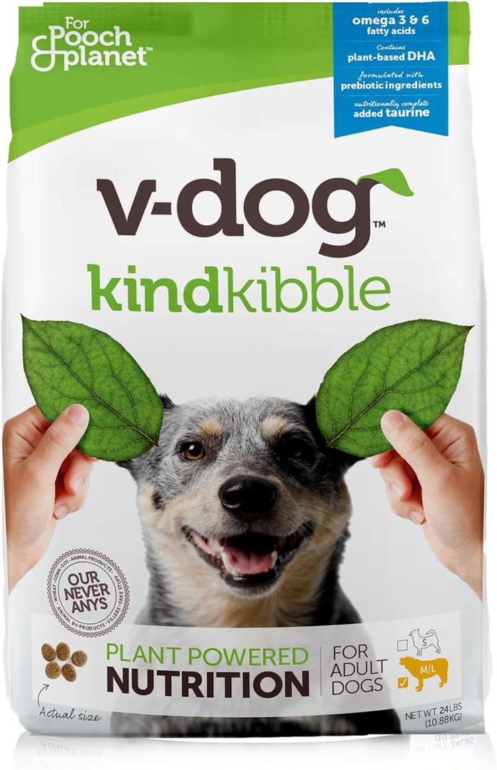 V-dog Vegan Kibble Dry Dog Food (24 LB) | Plant Based Protein with Added Taurine for Sensitive Stomach and Skin | Adult Dog Food | Vegetarian Superfood | Made in US (24 Pound (Pack of 1))