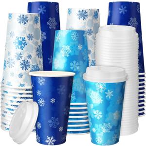 Jingmore 60 Pcs Disposable Snowflake Coffee Cups with Lids Winter Coffee Cups Bulk Insulated Drinking Tea Paper Drinkware for Winter Holiday Travel Home Party Supplies (16 oz)