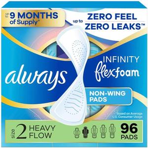 Always Infinity Feminine Pads for Women, Flexfoam Pads Without Wings, Size 2, Heavy Absorbency, Unscented, 96 Count (3 Packs of 32)