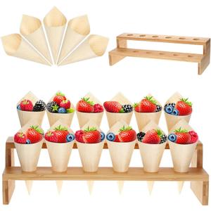 Queekay 100 Pcs Disposable Wooden Food Cones with 12 Holes Food Cone Display Stand Cone Holder for Charcuterie, Ice Cream, Catered Events, Party or Buffets(Straight,Bamboo)