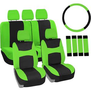 Automotive Seat Covers Green Universal Fit Combo Set with Steering Wheel Cover and Seat Belt Pad fits most Cars, SUVs, and Trucks (Airbag Compatible and Split Bench) FH Group FB030GREEN-COMBO