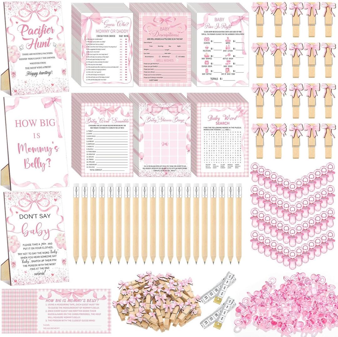 Sherr 476 Pink Bow Coquette Baby Shower Games 6 Sets Activities Card Pacifier Hunt Game 50 Pacifier How Big Is Mommy's Belly Sign 50 Guessing Card 2 Measuring Tape Don't Say Baby Sign 50 Clothespin