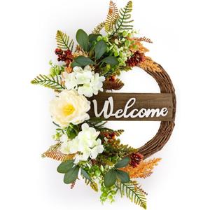 24 Inch Fall Wheat Floral Wreath with Welcome Sign for Front Door Artificial Boho Autumn Wreath with White Flowers Berries for Door Outdoor Indoor Wall Window Farmhouse Garden Porch Decor