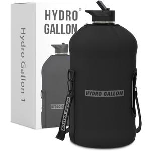 Hydro Gallon® - 1 Gallon Water Bottle Jug with Insulated Sleeve and Straw Lid, Handle, Time Marker, Pocket, Shoulder Strap. Daily Intake Leakproof BPA free Large Big Bottle Men. 128oz (Black)