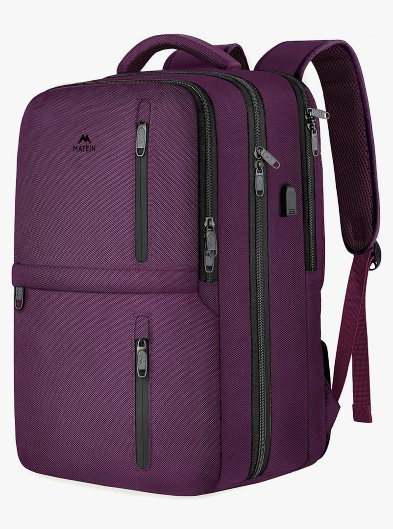 MATEIN Large 45L Travel Backpack for Women, Airline Approved Carry on Backpack with USB Port & Shoe Compartment, Water Resistant Luggage College Overnight Weekender Travel Bag Fit 18" Laptop, Purple