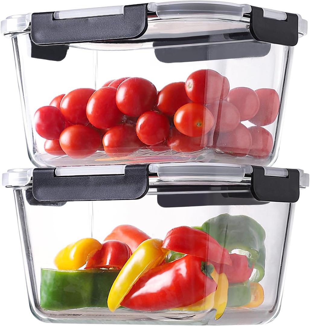 HOMBERKING 4 Pieces 63oz/8cup Large Glass Food Storage Containers with Lids, Meal Prep Containers, Airtight Bento Boxes with Leak Proof Locking (2 Containers + 2 Lids) - Microwave, Oven Safe (Black)
