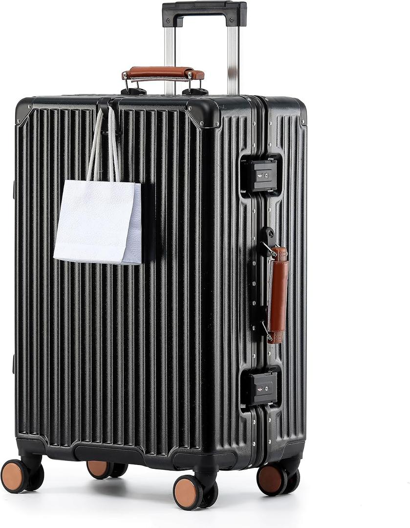 HotWay 26 Inch Hardside Checked Luggage with Leather Handle, PC Zipperless Suitcase with Spinner Wheels and TSA Locks, Lightweight Checked Luggage for Travel, Black