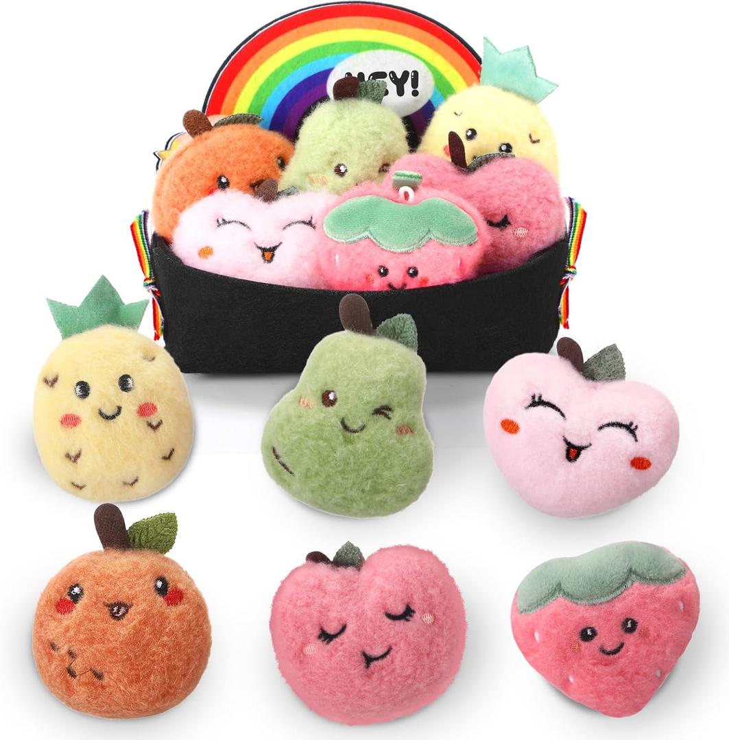 6 Pcs Dancing Fruit Plush 3.15 Inch Stuffed Fruits Toy Mini Avocado Strawberry Orange Pineapple Peach with Felt Carrying Basket Sensory Gifts for Birthday Party Decorations