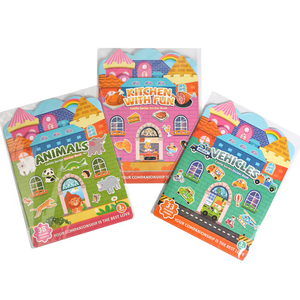 Set of 3 Educational Books with Reusable Stickers, Animals, Sports, 1-4 years, Safe, Multicolor