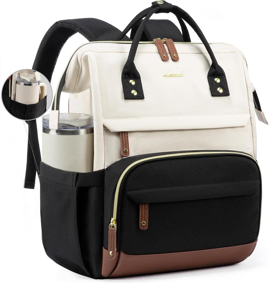 LOVEVOOK Laptop Backpack for Women, 18 Inch Work Business Backpacks Purse With Large Capacity, Waterproof Nurse Bag College Bookbag for School, Waterproof Casual Daypack for Travel (Beige-Black)