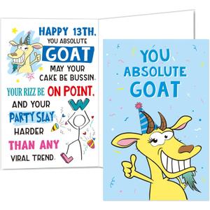 7 x Funny 13th Birthday Card for Teens | Goat & Stick Figure Theme with Teen Slang Humor, Hilarious Greeting Card for Boys & Girls, Fun Gag Gift with Envelope & Sticker