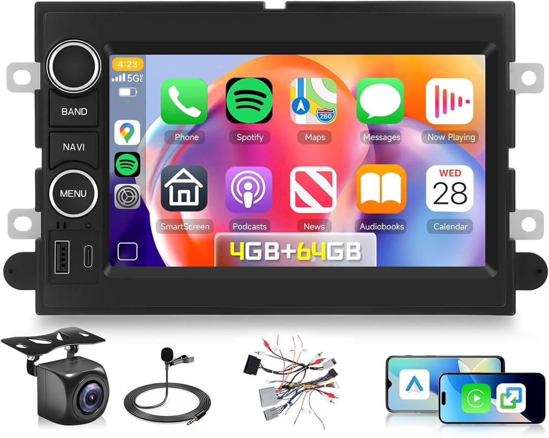 [ 4G+64G] Car Stereo for Ford F150 F250 F350 Focus Fusion Mustang Escape Montego with Wireless Carplay Android Auto, Driauto 7 Inch Double Din Touch Screen Radio with GPS WiFi Bluetooth FM DSP Camera