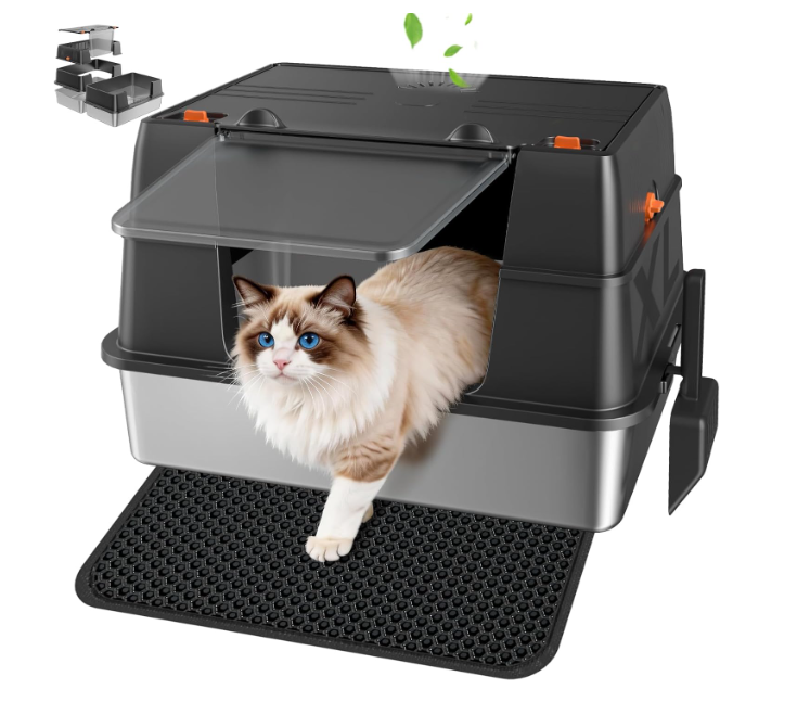 Stainless Steel Litter Box with Lid, High Sided Enclosed Metal Litter Box for Big Cats, Easy Cleaning Anti-Urine Leakage, Non-Sticky Cat Box, Front Entry Top Exit KittyBox, Includes Mat & Scoop