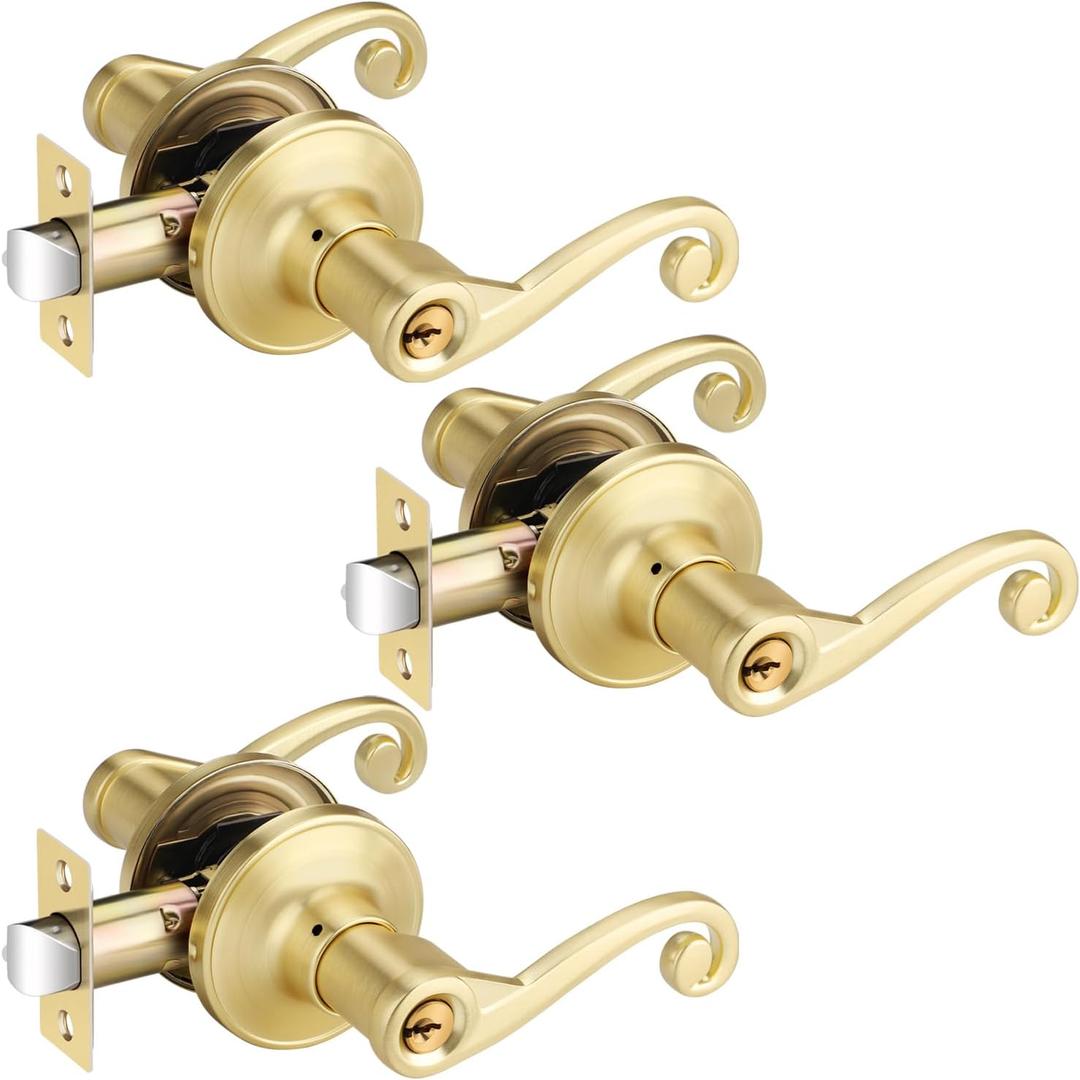 3 Pack Gold Door Handles, Wave Style Entry Door Handle with Lock and Keys, Front Door Leverset Lockset, Keyed Alike/Combo Keys, Right Handing