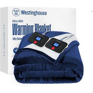 Westinghouse Electric Blanket Queen, Heated Blanket Queen Size with 10 Heating Levels and 1 to 12 Hours Heating Time Settings, Flannel to Sherpa Reversible, Machine Washable (84" x 90", Navy)