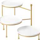 Kanwone 3 Tiered Serving Stand with White Porcelain Plates, 10" Round Tray, Dessert Table Display Set, Gold Metal Stand, Versatile & Durable