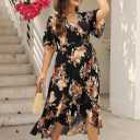 Keluummi Plus Size Summer Wedding Guest Maxi Dress for Curvy Women, V Neck 3/4 Sleeve Empire Waist A Line Floral Long Dress (Black, L)