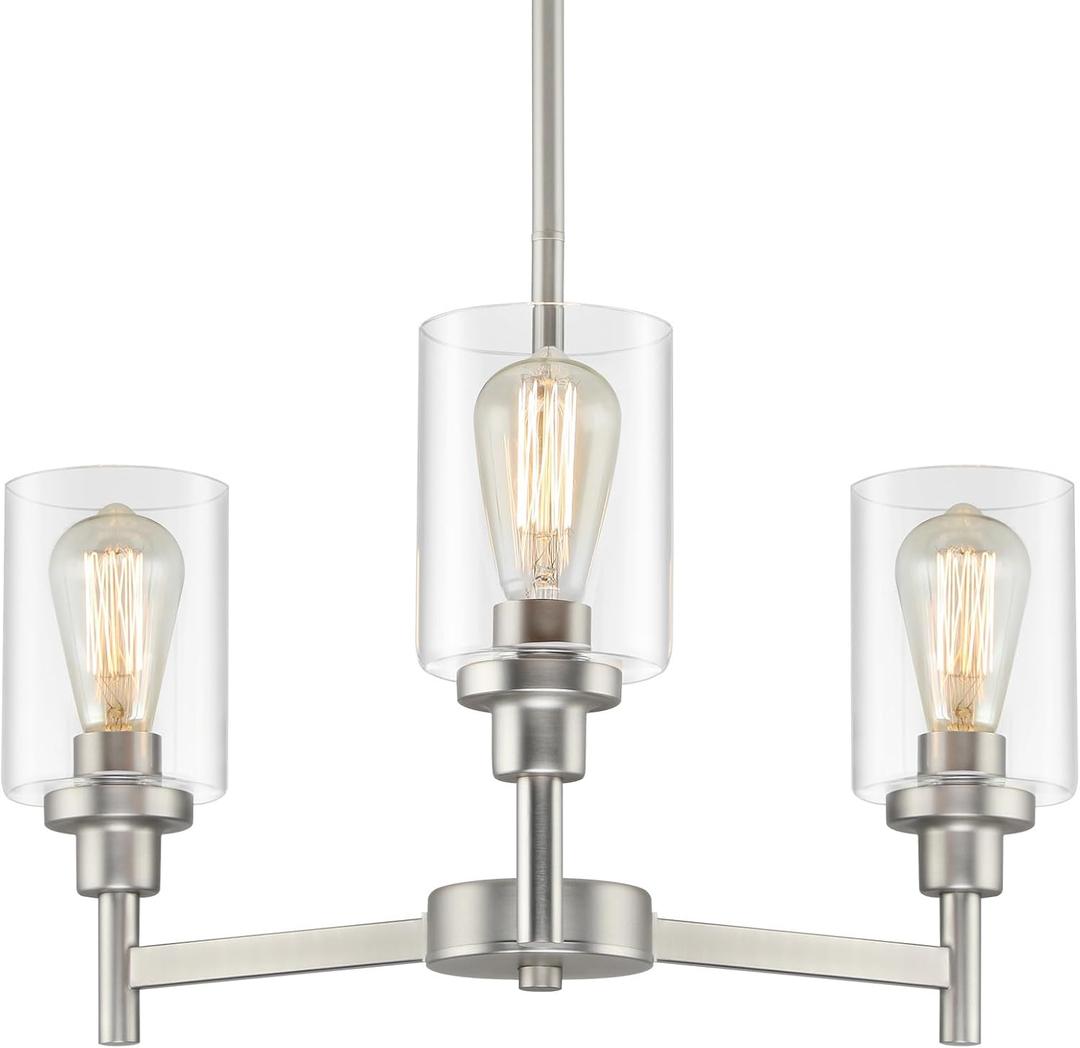3 Lights Brushed Nickel Chandeliers for Dining Room Light Fixture Over Table, Entryway Chandelier for Foyer, Hallway Lighting Fixtures with Glass Shade for Kitchen Island Foyer Hallway