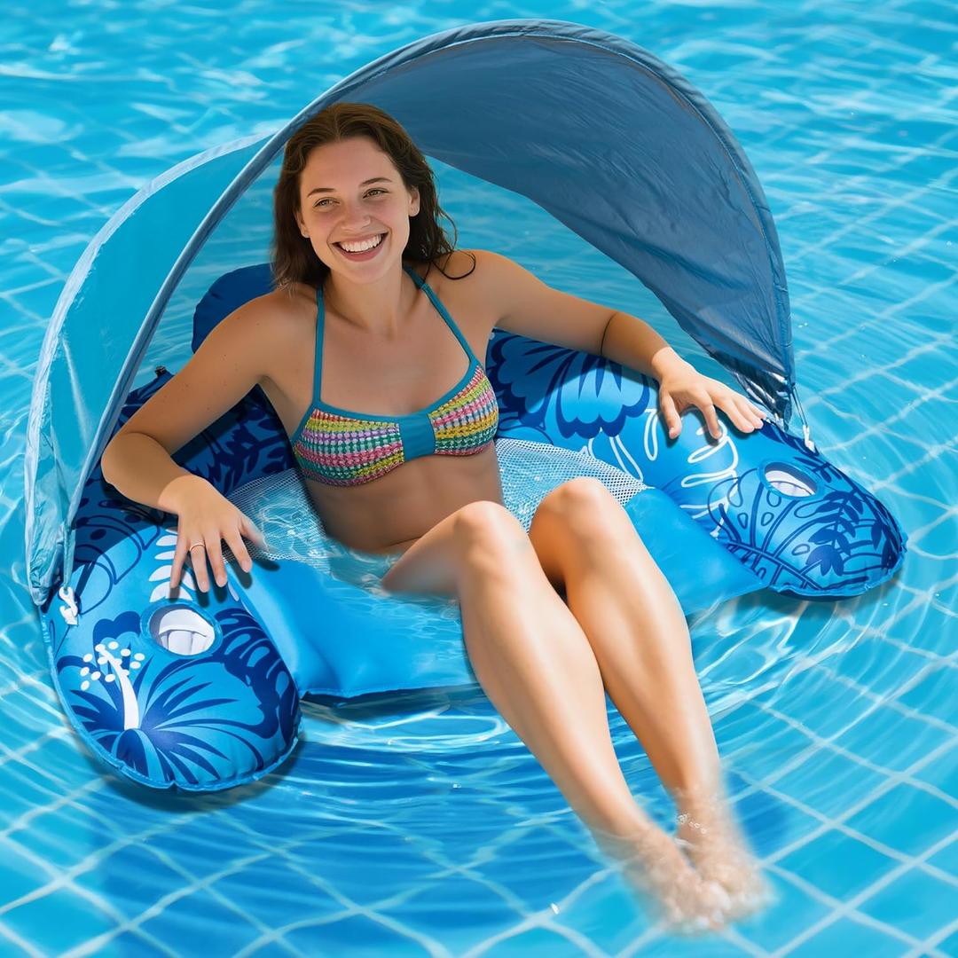 Inflatable Fabric Covered Pool Float Adult with UPF50+ Sunshade Canopy & Cup Holders,Large Water Lounger Float Recliner Chair for Pool Party Lake Beach-Blue