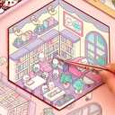 DIY 3D Sticker Scene 6 Sets of Stickers for Girls Make Your Own Mini Shop Scenes Stickers for Kids Cute Cartoon Animal Sticker for Adult Relief Stress Pass The Time