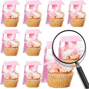 Gyufise 24Pcs 3D 2026 DIY Graduation Cap Cupcake Toppers and 24Pcs Diploma Picks 2026 Congrats Grad Cupcake Picks with Tassels for School Boys Girls Graduate Party Decorations Supplies Pink