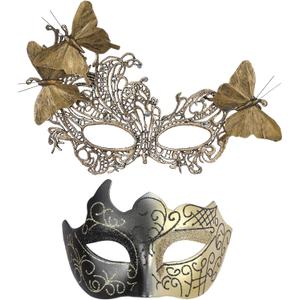 Zinniday Masquerade Masks for Couples - 2 Pcs Feather Butterfly Lace Mask and Plastic 2026 Venetian Masks for Womenb Men (Gold)