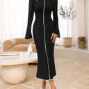 MEROKEETY Women's Fall Long Bell Sleeve Sweater Dress 2025 Elegant Bodycon Color Block Knit Midi Maxi Dresses (Black)