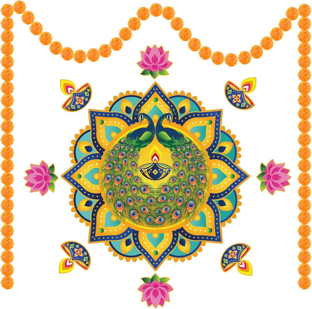 Tiamon Diwali Rangoli Decorations Include 7 pcs Rangoli Floor Stickers and 2 pcs Marigold Garlands Diwali Rangoli Stickers for Floor Entrance Porch Indian Diwali Diyas Rangoli Home Party Decorations