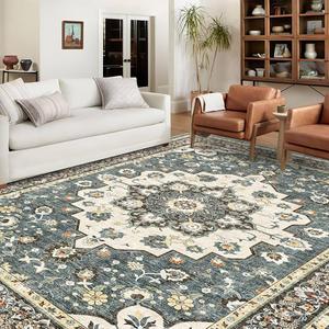 10x12 Washable Area Rug for Living Room - Non-Slip Vintage Rugs Green Blue