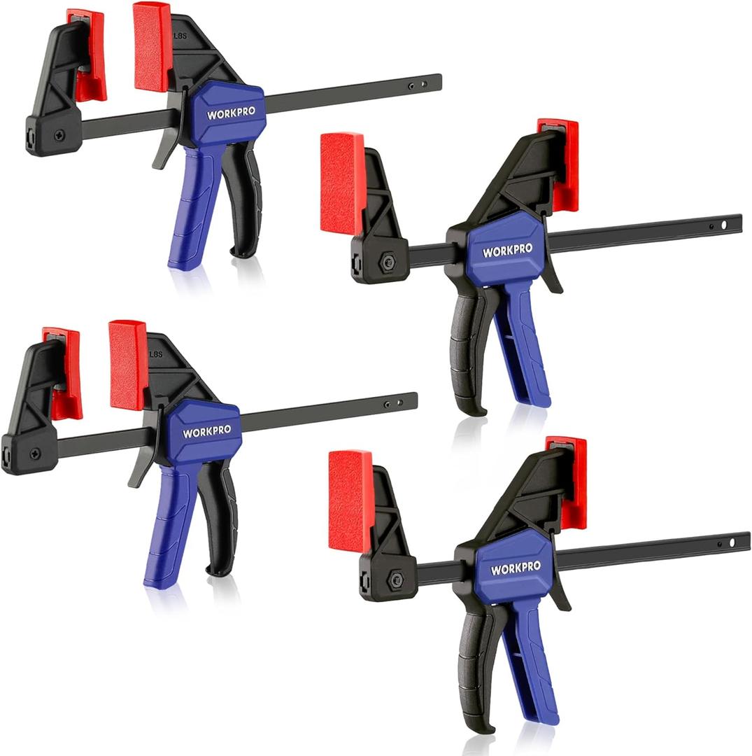 WORKPRO 6" Mini Bar Clamps for Woodworking, One-Handed Clamp/Spreader, Wood Clamps Set, Screw Change F Clamps with 50LBS Load Limit, 4 Pack (Blue)