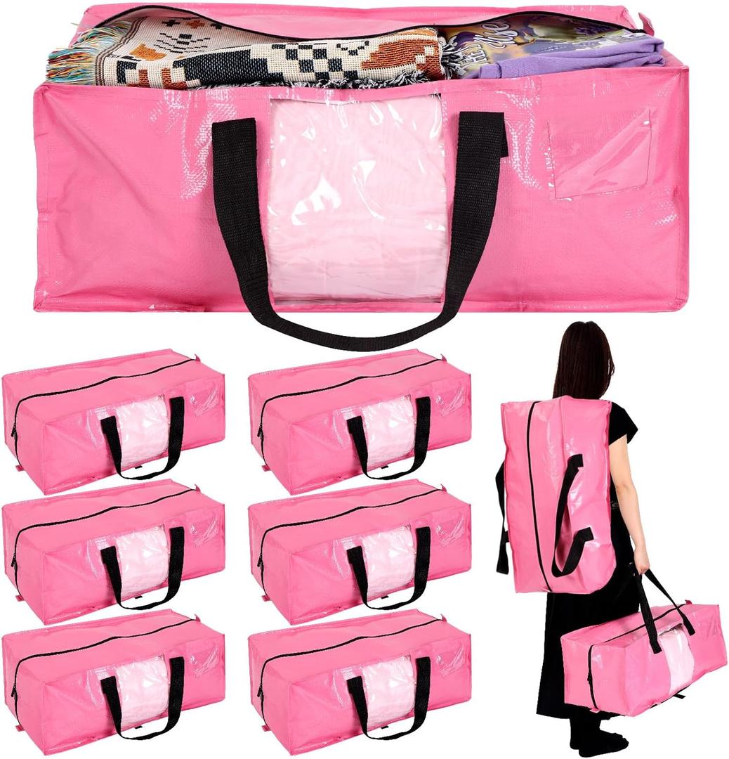 6 Pack Extra Large Heavy Duty Dorm Moving Bags with Clear Window, Strong Carrying Handles, Backpack Straps and Zippers for Saving Space Storage Totes Clothes Storage Bag Moving Supplies