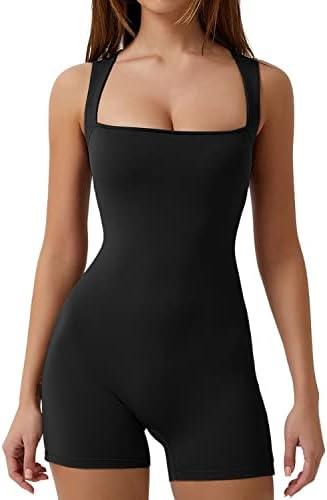 QINSEN Womens Strappy Square Neck Tank Top Tummy Control Bodycon Stretch Shorts Jumpsuit Rompers, M