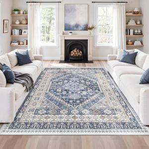 Zesthome 7x9 Area Rug, Super Soft Washable Rugs for Living Room, Non-Slip Stain Resistant Vintage Rugs, Ultra-Thin Large Area Rugs (Blue/Beige,7'x9')