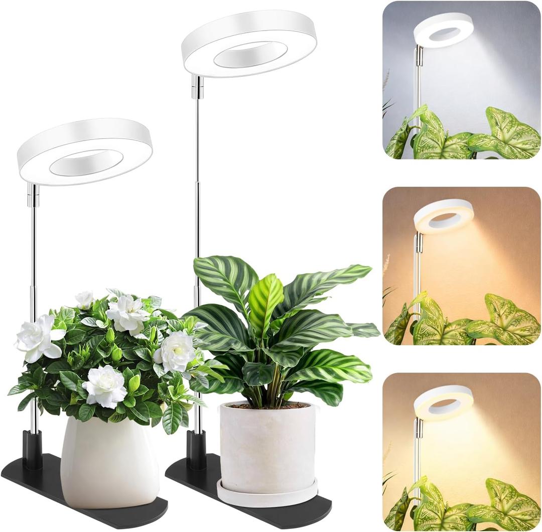 LBW Grow Light for Indoor Plants, Height Adjustable Plant Grow Lamp with Auto On/Off Timer 6/8/12/16H, 3 Colors,5 Dimmable Brightness, for Small Plants, White, 2 Packs