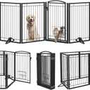 Metal Free Standing Dog Gate with Cat Door for Indoor/Outdoor,120" Extra Wide Foldable Pet Gate,32" Tall Foldable Indoor Dog Fence for Large Openings Stairs, Deck, Yard, Doorways (6 Panels, Black)