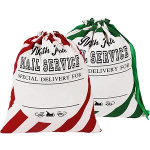 2 Pack Large Embroidered Santa Sack, Personilized Christmas Santa Bags Reusable Large Canvas Gift Bag with Drawstring for Xmas Package Storage and Party Supplies Favors (Signature Christmas)