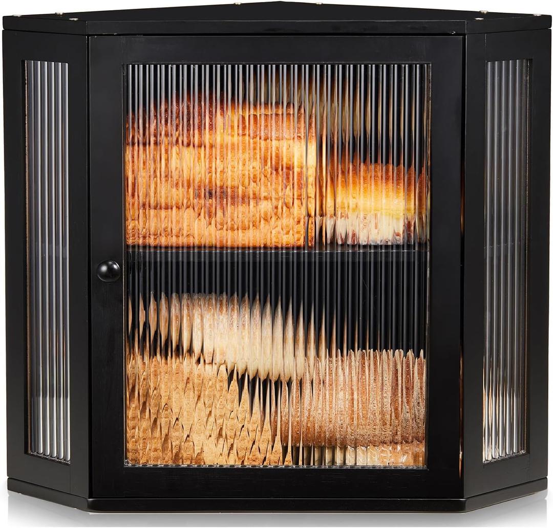 BRONYPRO Double Layer Corner Bread Box for Kitchen Counter with Height-adjustable Partition, Large Black Bamboo Wooden Bread Box for Multiple Loaves, Modern Breadbox for Kitchen Countertop