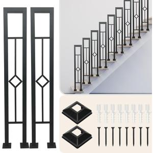 2Pcs 35.4in U-Shaped Stair Handrail, Matte Black Hand Rail with Rhombus Pattern, Wrought Iron Outdoor Stair Railing for Porches, Decks, Fences, Black
