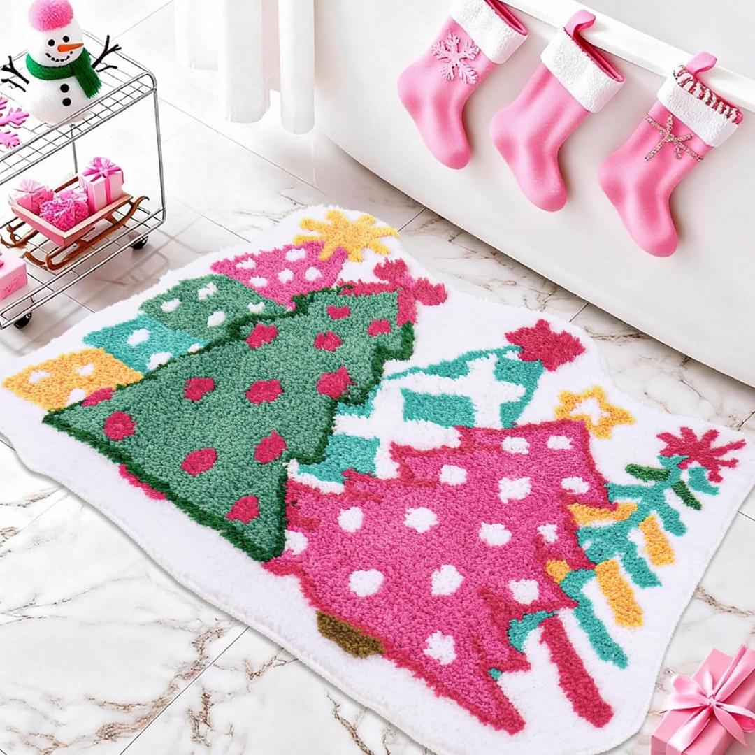 Whaline Christmas Rug Pink Green Christmas Tree Bath Mat Non Slip Doormat Xmas Winter Front Mat for Holiday Home Bathroom Decoration
